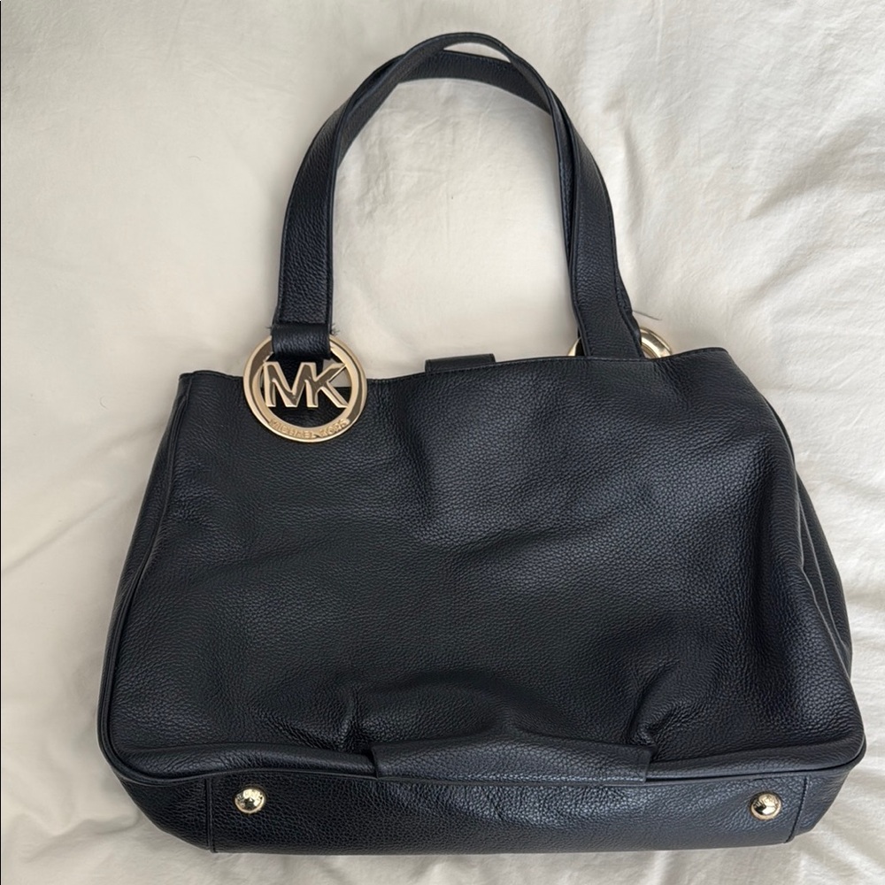 Michael Kors Black Pebbled Leather Tote with Gold Accents